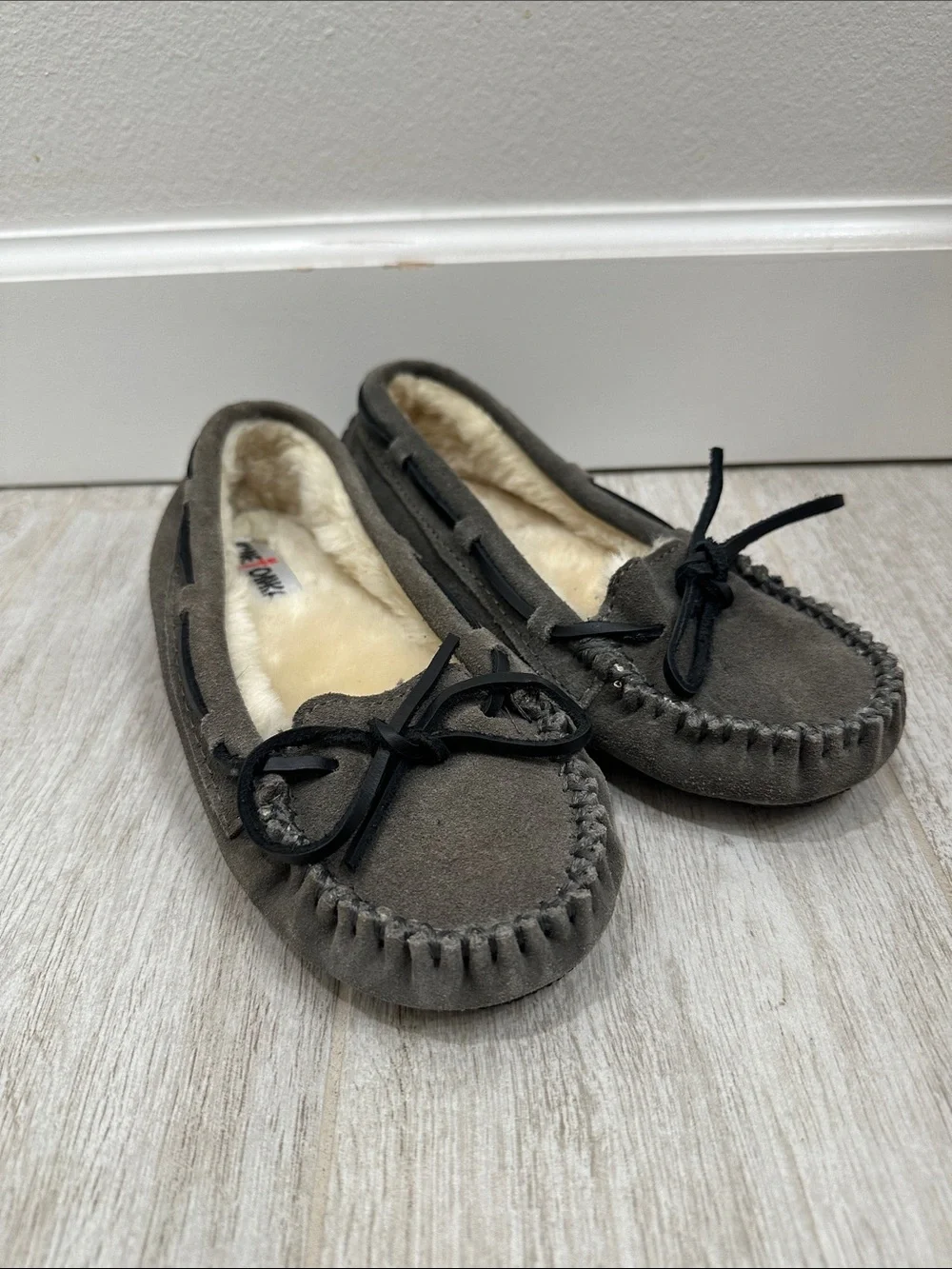 Minnetonka Kids Gray Suede Moccasin Slippers with Faux Shearling
